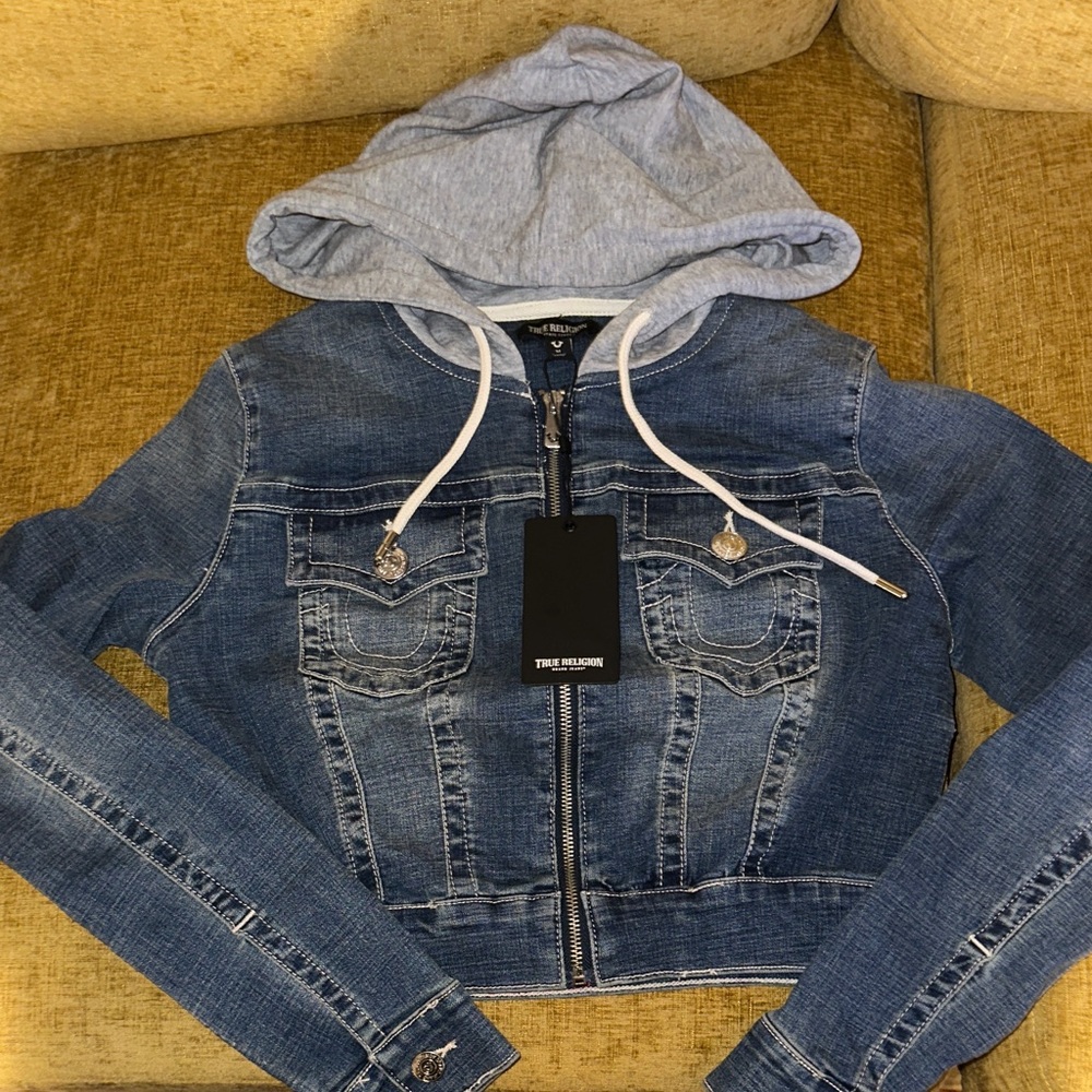 True Religion Women's Denim Jacket with Gray Hood